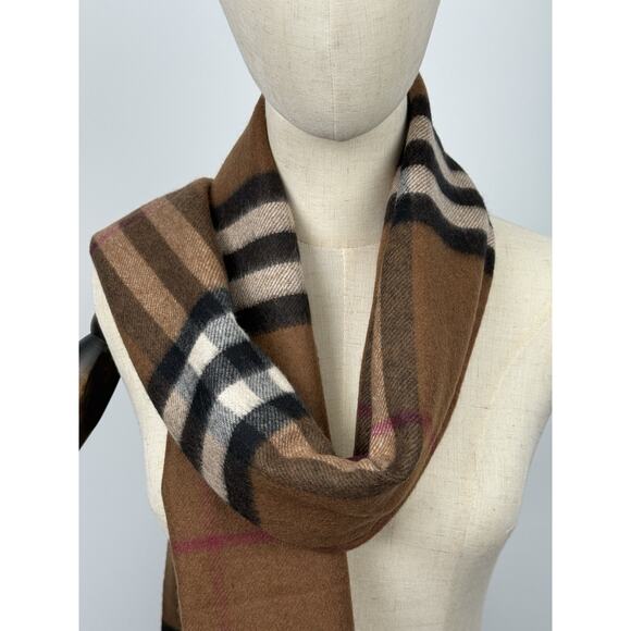BURBERRY Cashmere Giant Check Fringe Scarf Birch Brown - Picture 1 of 9